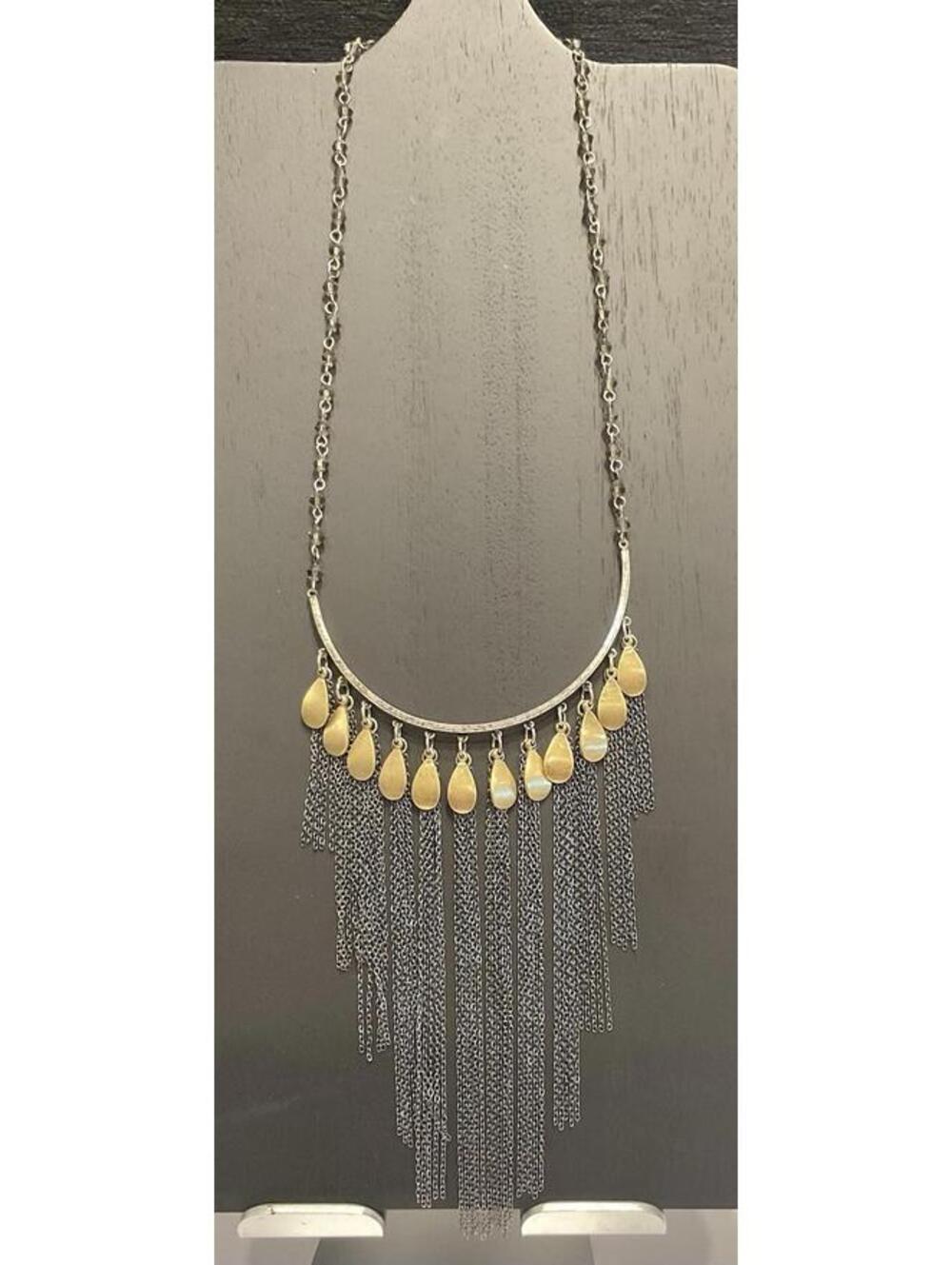 Bead And Silver Tone Necklace With Mesh Chain Bib #480